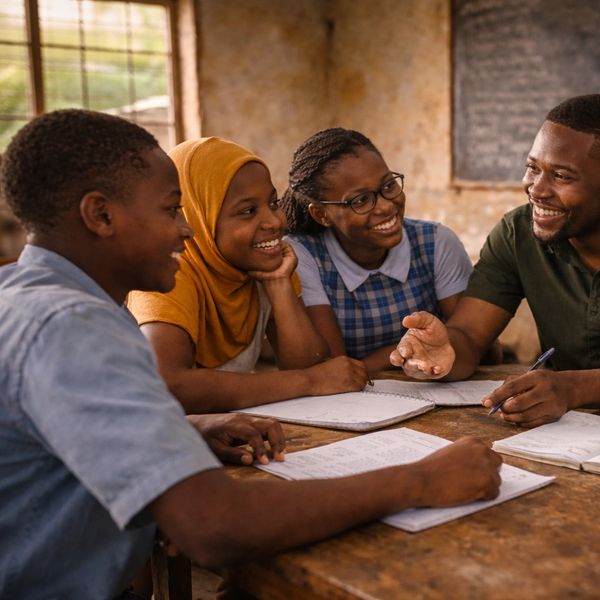 Group of students and teacher studying together and smiling.