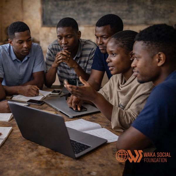 Group of young adults collaborating over a laptop.