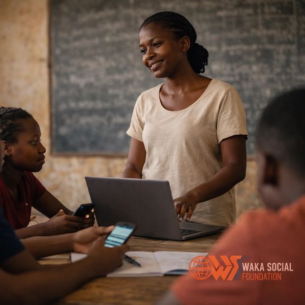 Young woman teaching with a laptop in a classroom.