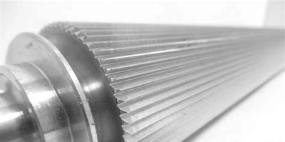 Close-up of a metallic gear shaft with grooves.