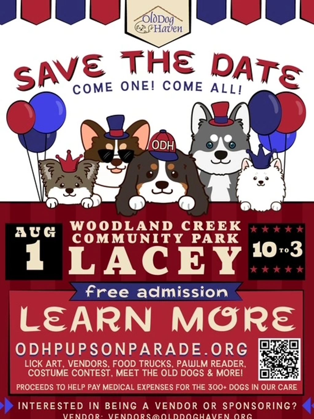 Cartoon dogs invite to Old Dog Haven event in Lacey on Aug 1 with free admission.