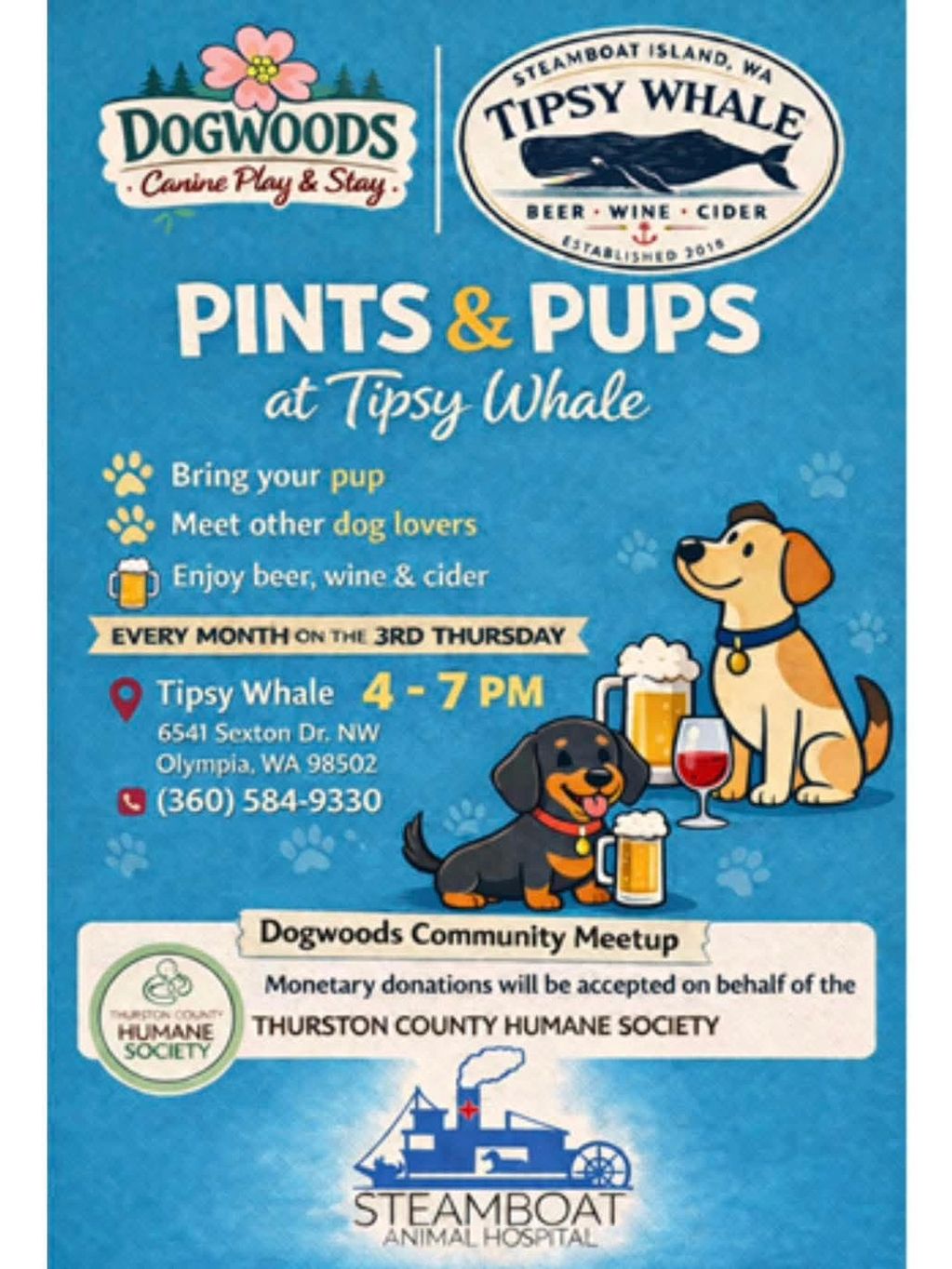 Event flyer for 'Pints &amp; Pups' dog-friendly meetup at Tipsy Whale in Olympia, WA.