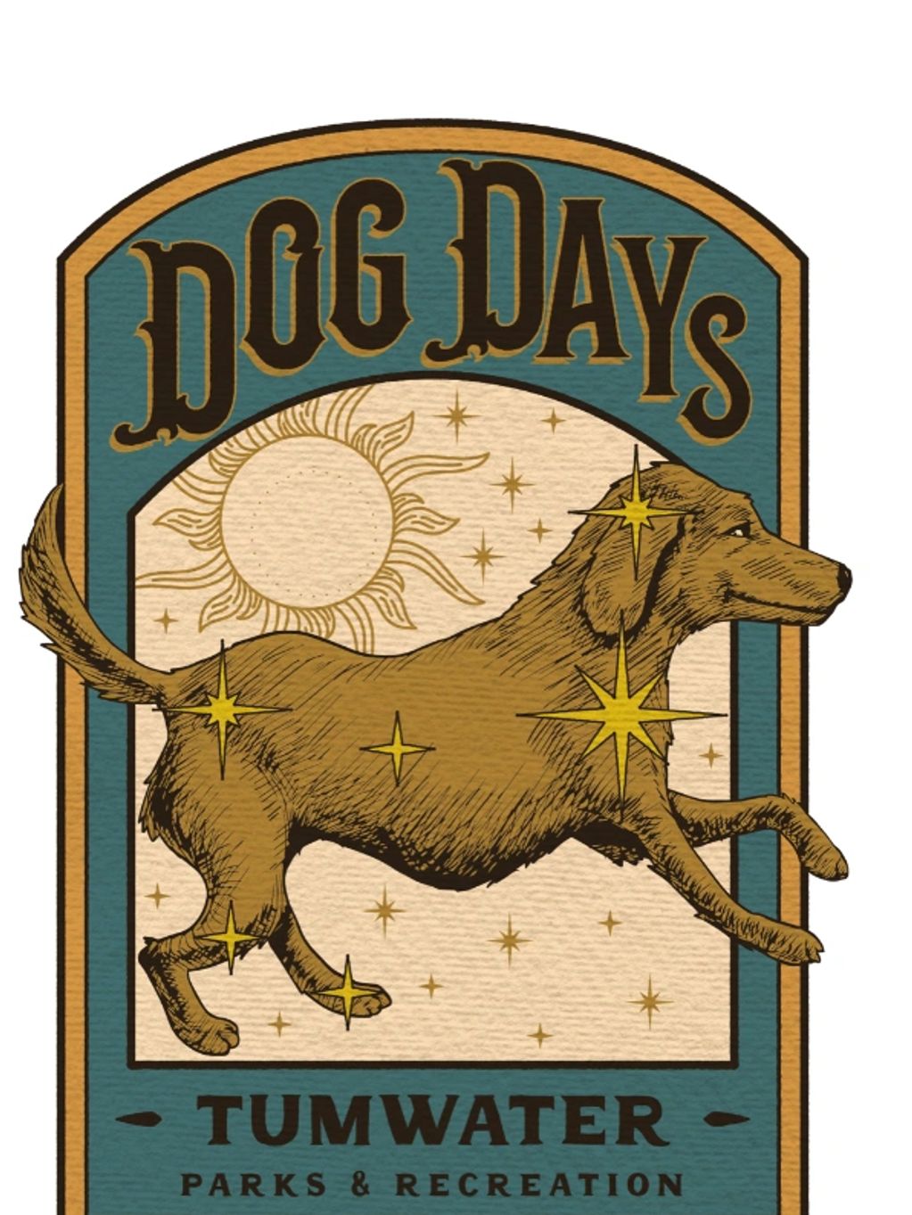 Vintage-style poster featuring a leaping dog with celestial stars and sun.