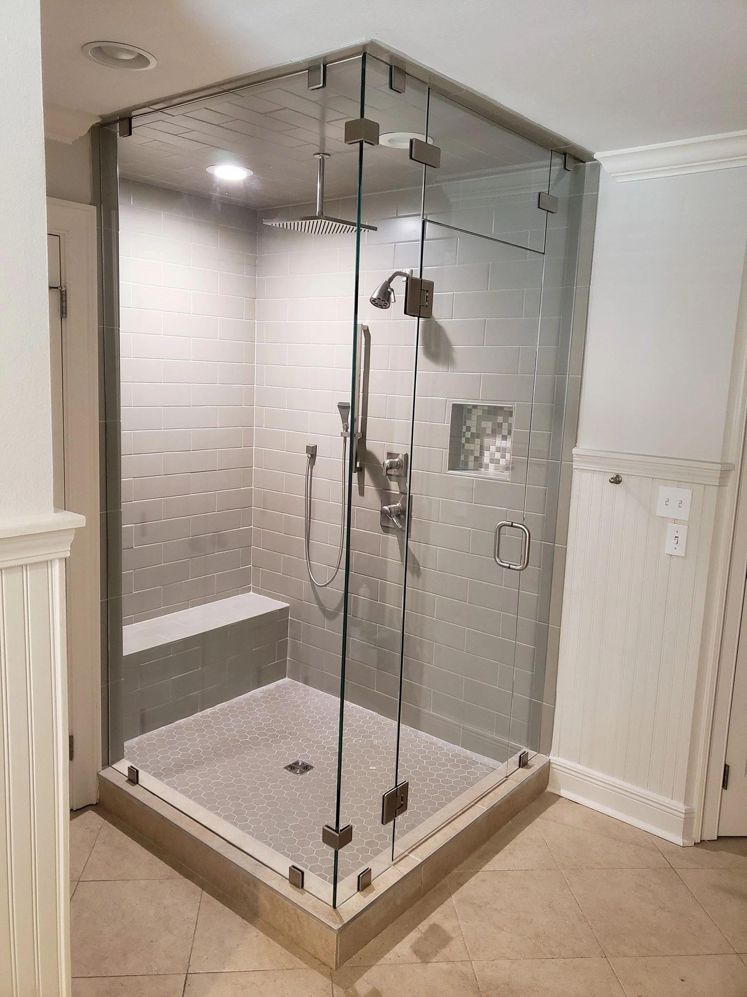 Steam shower glass enclosure brushed nickel