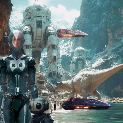 Futuristic scene with robots, dinosaurs, and advanced flying vehicles in a mountainous landscape.
