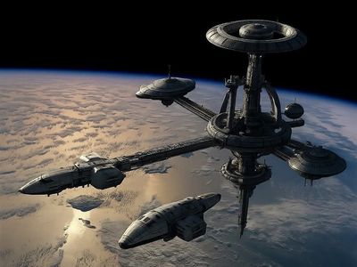 Futuristic space station orbiting a planet with a spacecraft nearby.