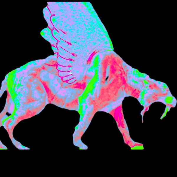 Colorful digital art of a winged saber-toothed tiger on black background.