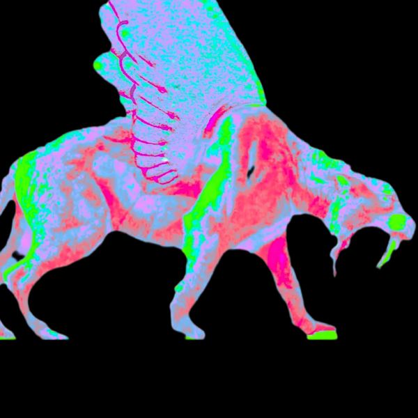 Colorful digital art of a winged saber-toothed tiger on black background.
