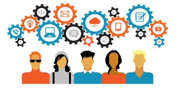 Illustration of diverse people with interconnected tech icons in gears above.