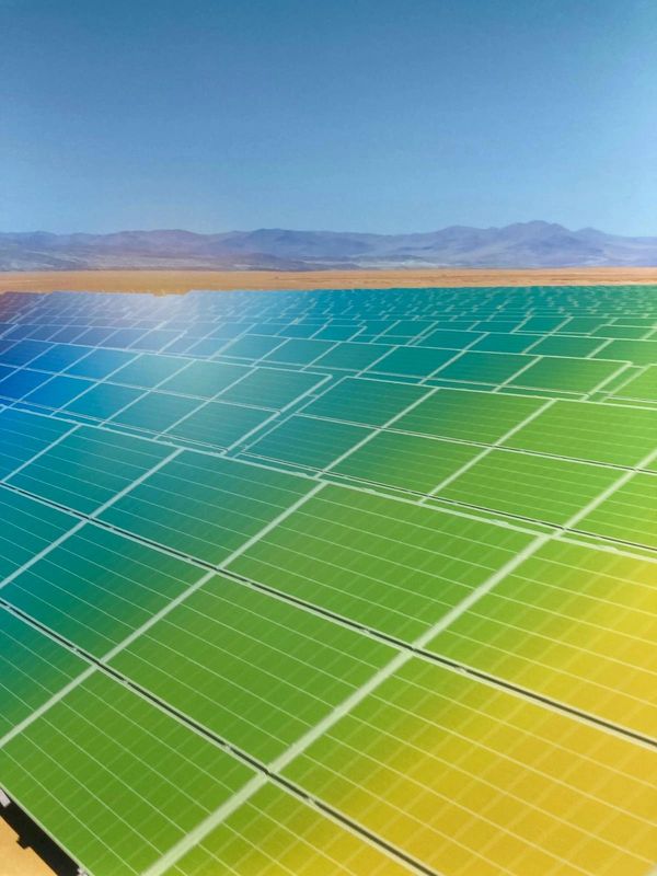 Solar panels in a vast desert under a clear blue sky.