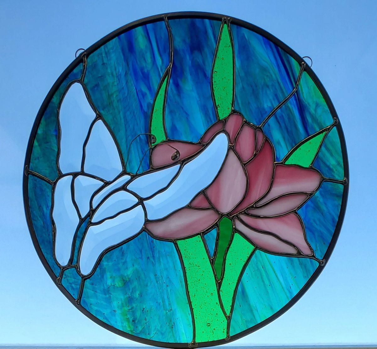 Clear bevel butterfly with flower stained glass circle suncatcher