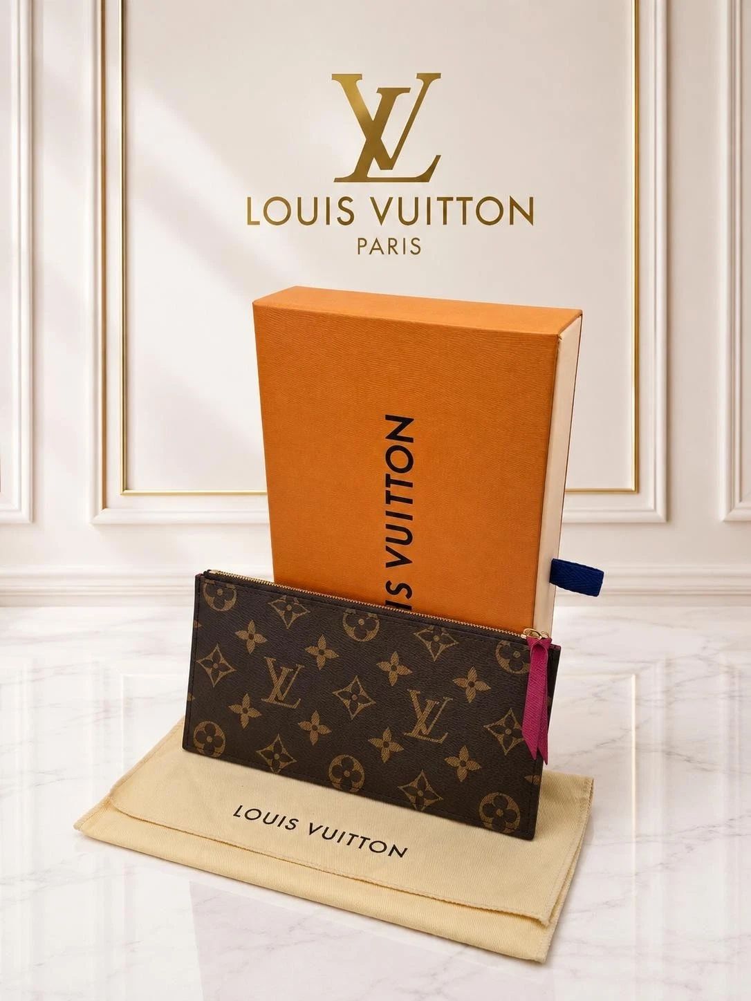 Louis Vuitton Monogram Canvas Zip Pouch Insert Brown Pink Leather Pull