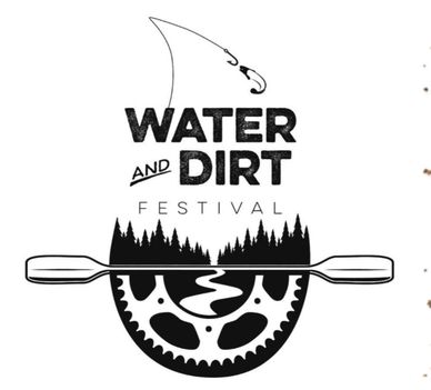 Logo for Water and Dirt Festival with fishing hook, pine trees, paddle, and bike gear.