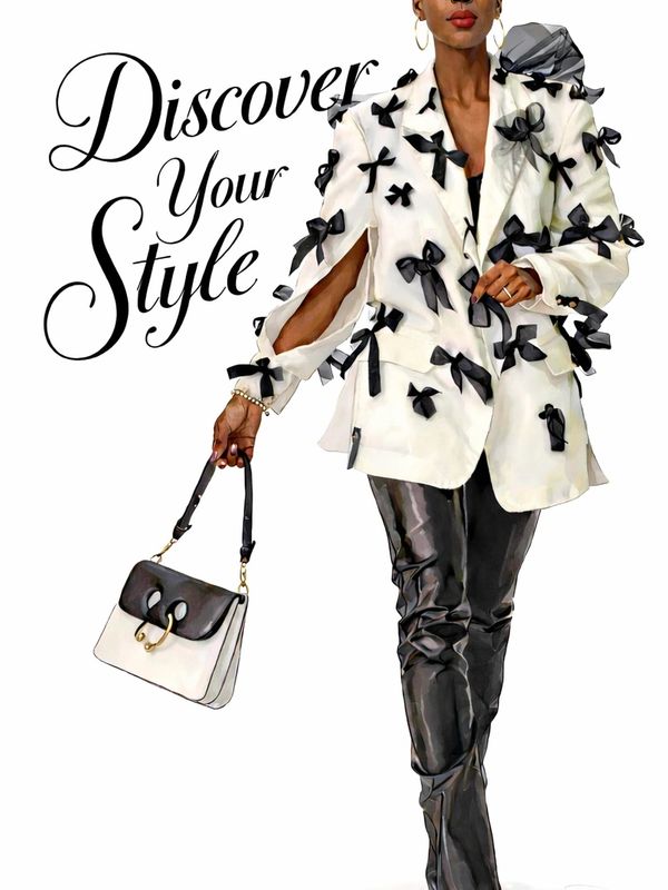 Fashionable woman in a white blazer with black bows and leather pants, holding a stylish handbag.