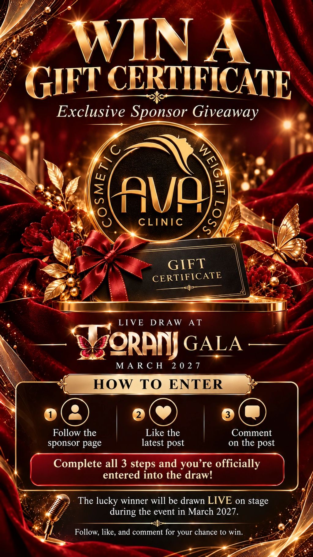 Win a gift certificate from AVA Clinic at Toranj Gala March 2027.