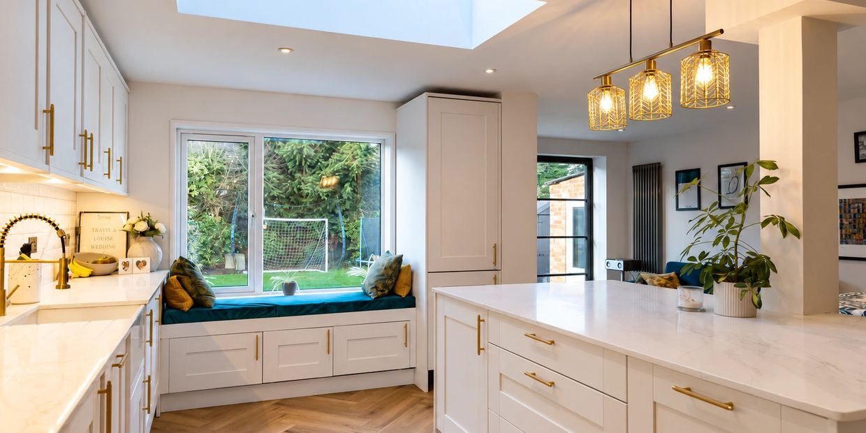 Billericay extension kitchen with white cabinetry, an island, rooflight and window seat.