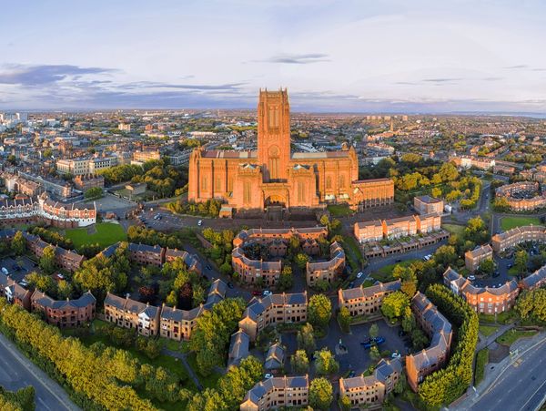 Liverpool city and cathedral, aerial shot

