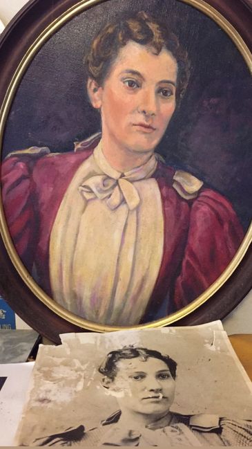 A framed painted portrait and an old black-and-white photo of the same woman. 19th century