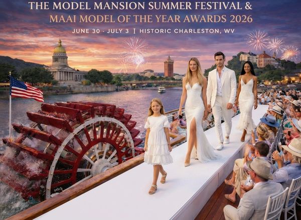 Fashion models walking a runway on a Sternwheel riverboat with the city of Charleston WV and firewor