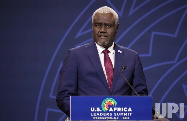 Chairperson of the African Union Commission Moussa Faki Mahamat speaks during the Peace and Security Forum on the first day of the U.S. Africa Leaders Summit 2022