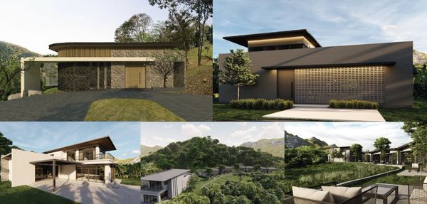 A collage of modern houses in natural, mountainous landscapes.
