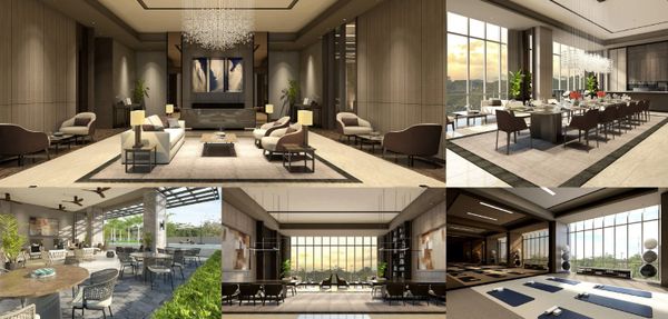 Collage of luxurious, modern living and dining spaces with elegant decor and large windows.
