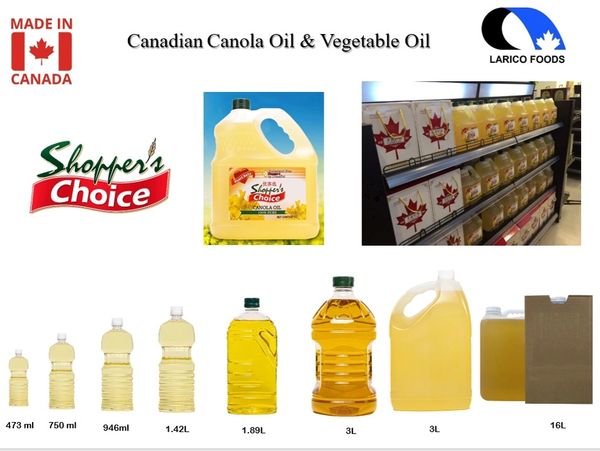 Various sizes of Canadian Canola Oil and Vegetable Oil from Shopper's Choice.