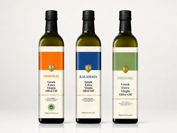 Three bottles of Greek extra virgin olive oil with different labels: Original, Kalamata, and Organic.