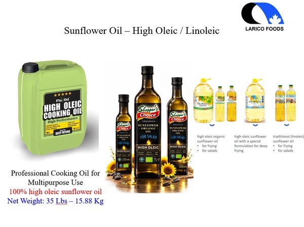 Various bottles of high oleic sunflower oil for cooking and frying.