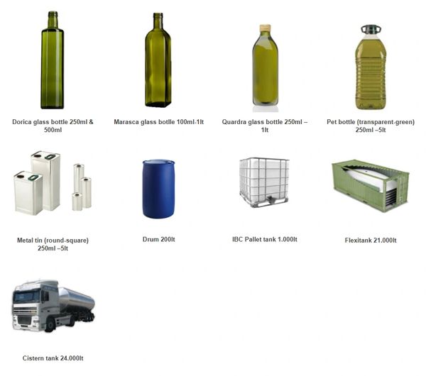 Various containers including glass bottles, metal tins, drums, and tanks of different capacities.