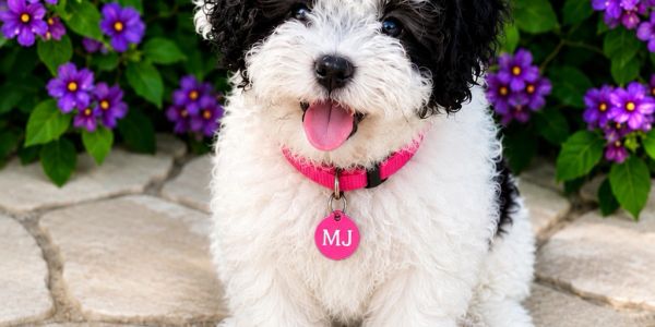 Fluffy black and white puppy with a pink collar.