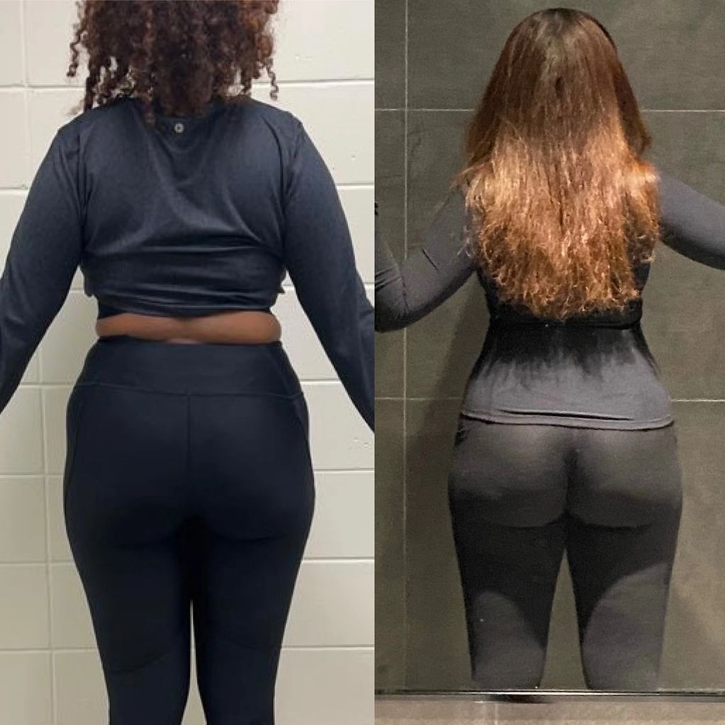 Side-by-side photos show a woman's fitness transformation from back view.