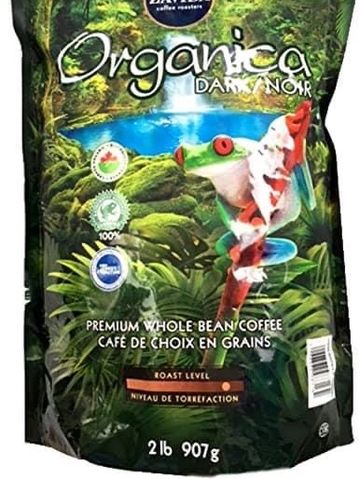 À bag of Organica coffee beans