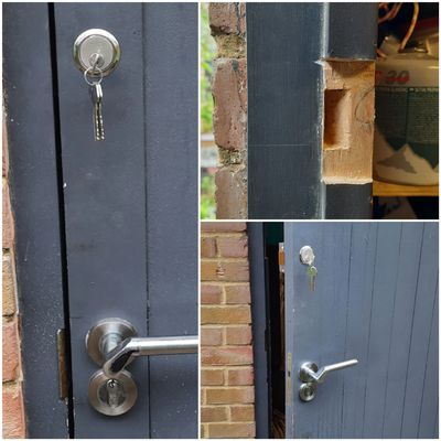 door with new lock installed. rim lock, nightlatch above handle and lock setup. eprlocksmith
