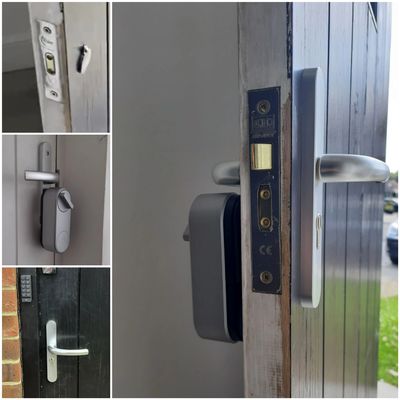 wooden door smart lock installation, picture collage, eprlocksmith a locksmith near me