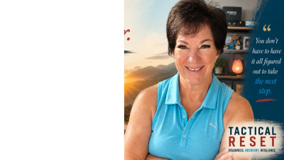 Smiling woman in blue sleeveless top with motivational text beside her.