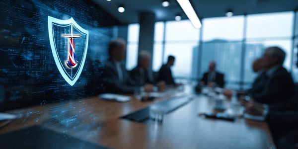 Digital shield with barber pole in a business meeting room.