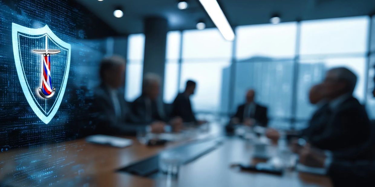 Digital shield with barber pole in a business meeting room.