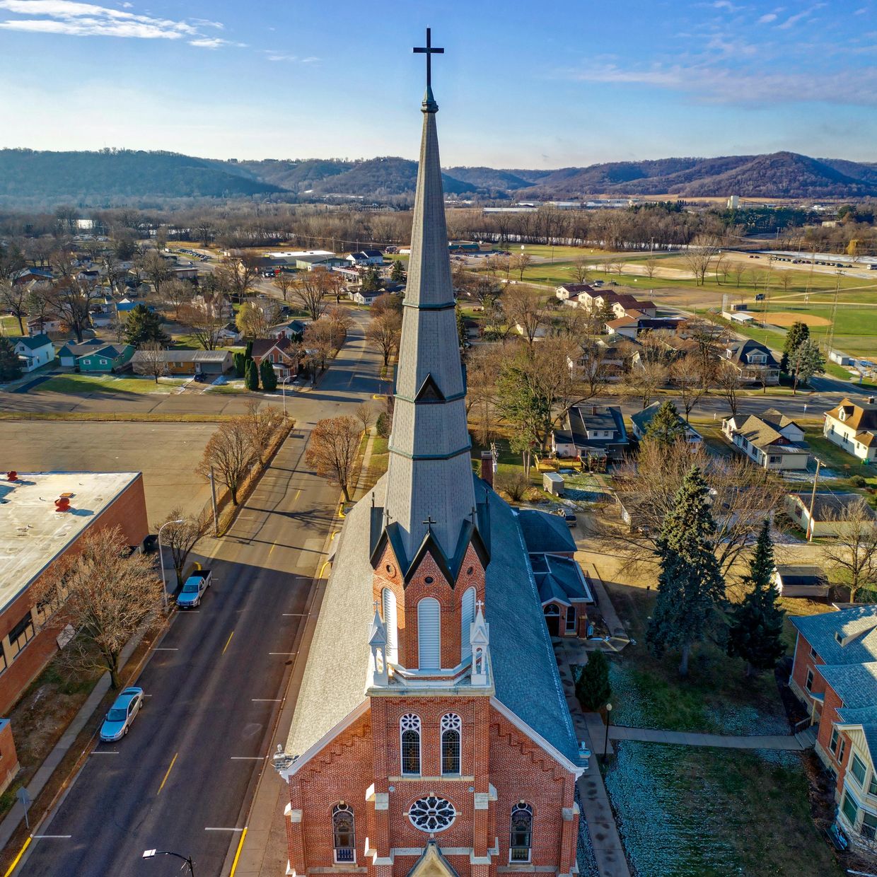 Aerial view of church spire.