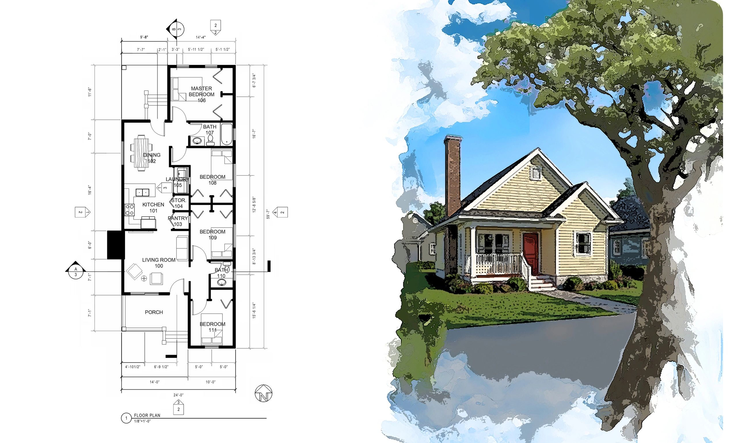 Architectural floor plan of a single-story house layout with rooms labeled.