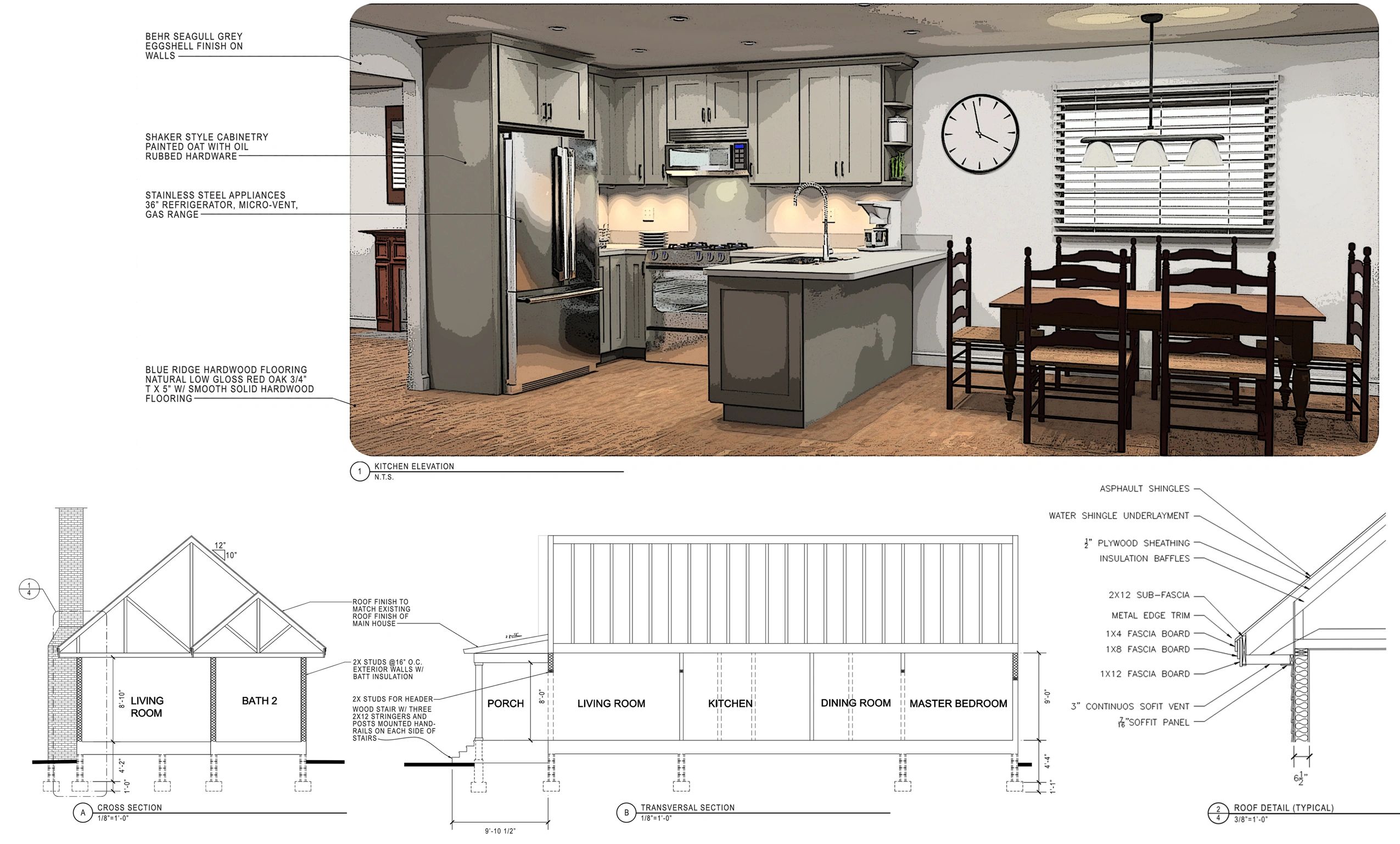 Modern kitchen with shaker cabinets, stainless steel appliances, and hardwood flooring.