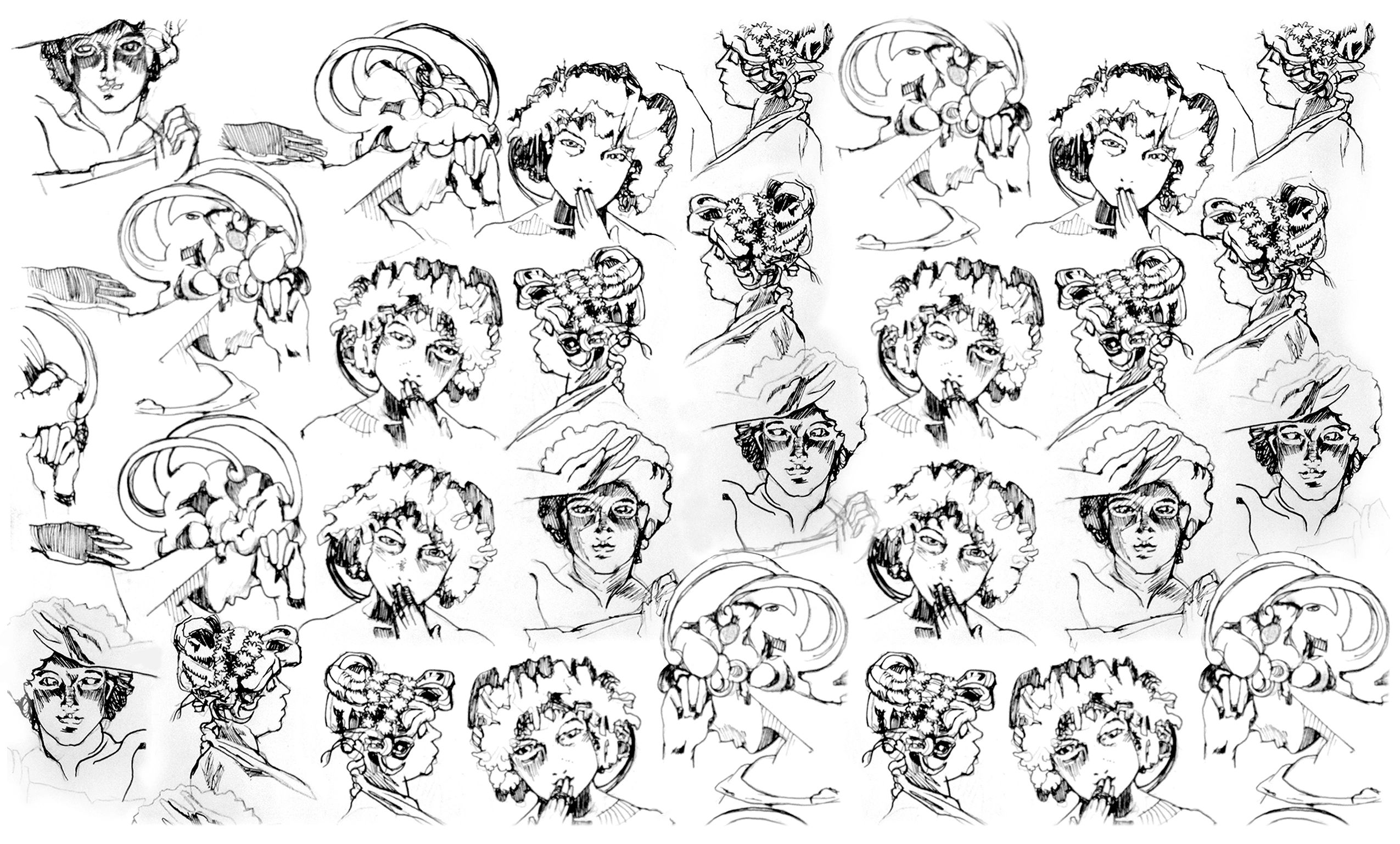 Black and white abstract sketches of various faces and hands in different poses.