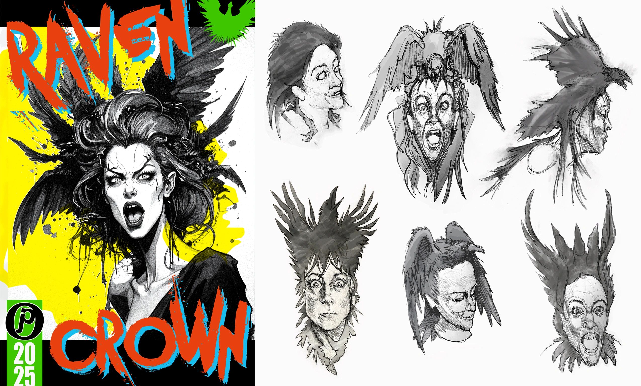 Comic cover and character sketches of a fierce woman with raven-themed hair.