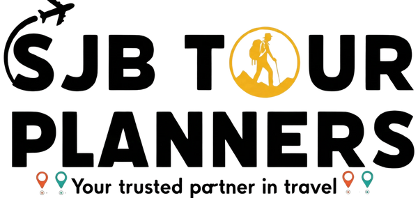 Logo for SJB Tour Planners featuring travel and hiking icons.