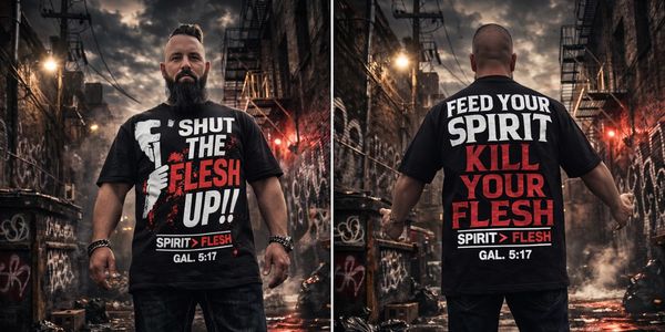 Man wearing a bold religious message t-shirt in a dark urban alley.