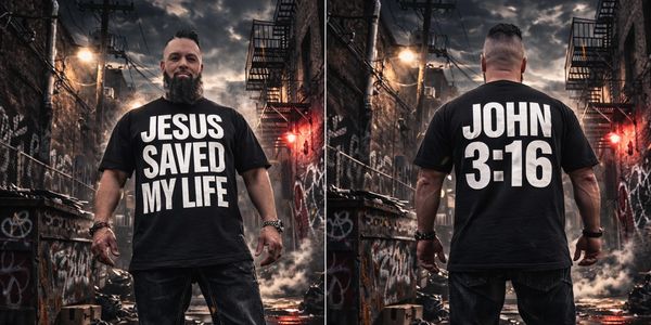 Man in alley wearing a shirt with religious messages on front and back.