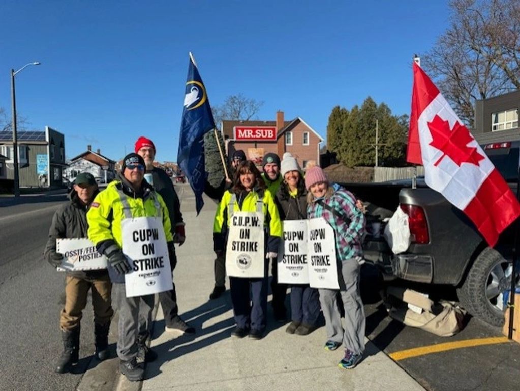 Group of people on strike holding signs and flags on a sunny street.