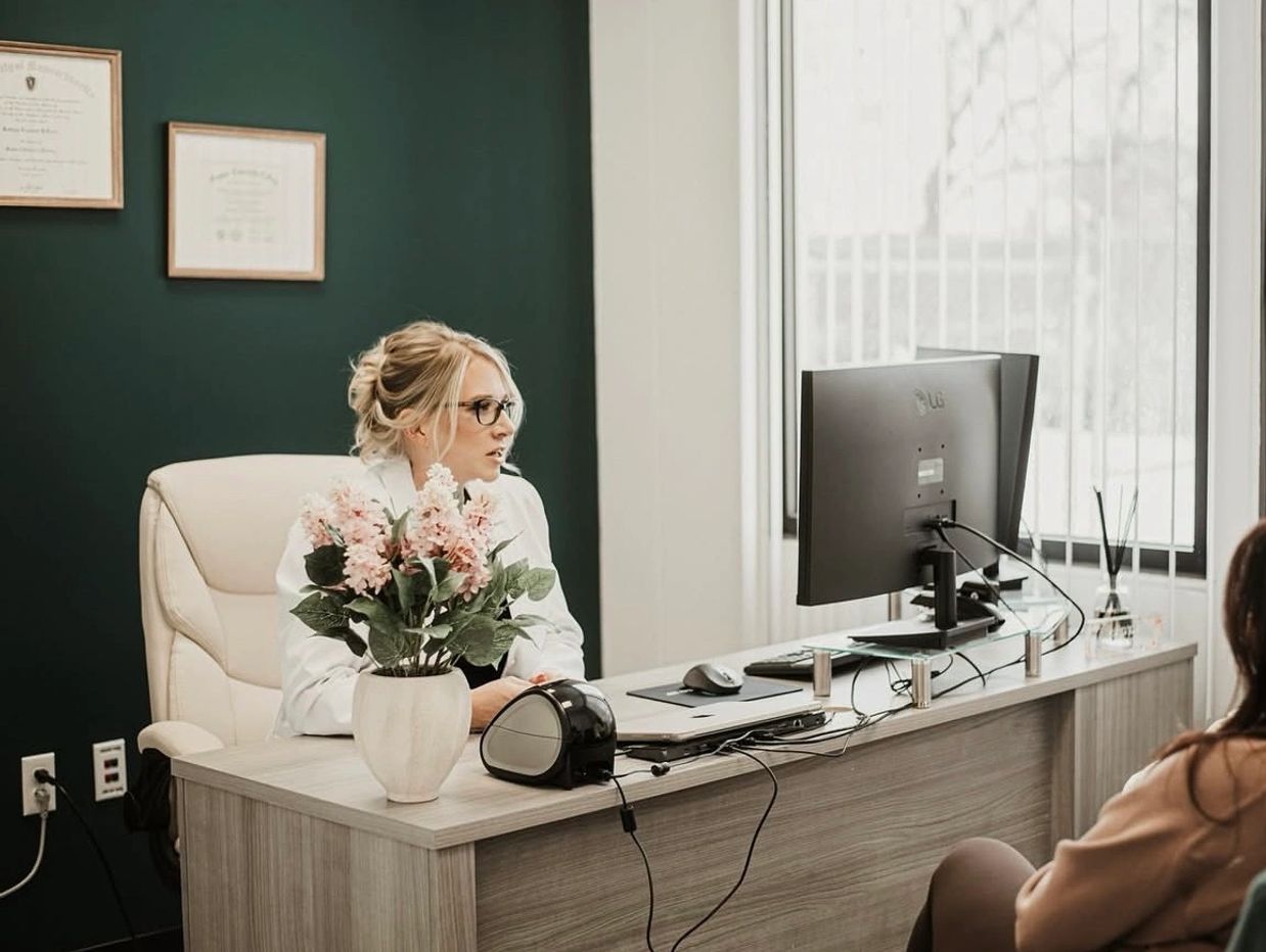 Doctor consulting with patients in a modern office setting.