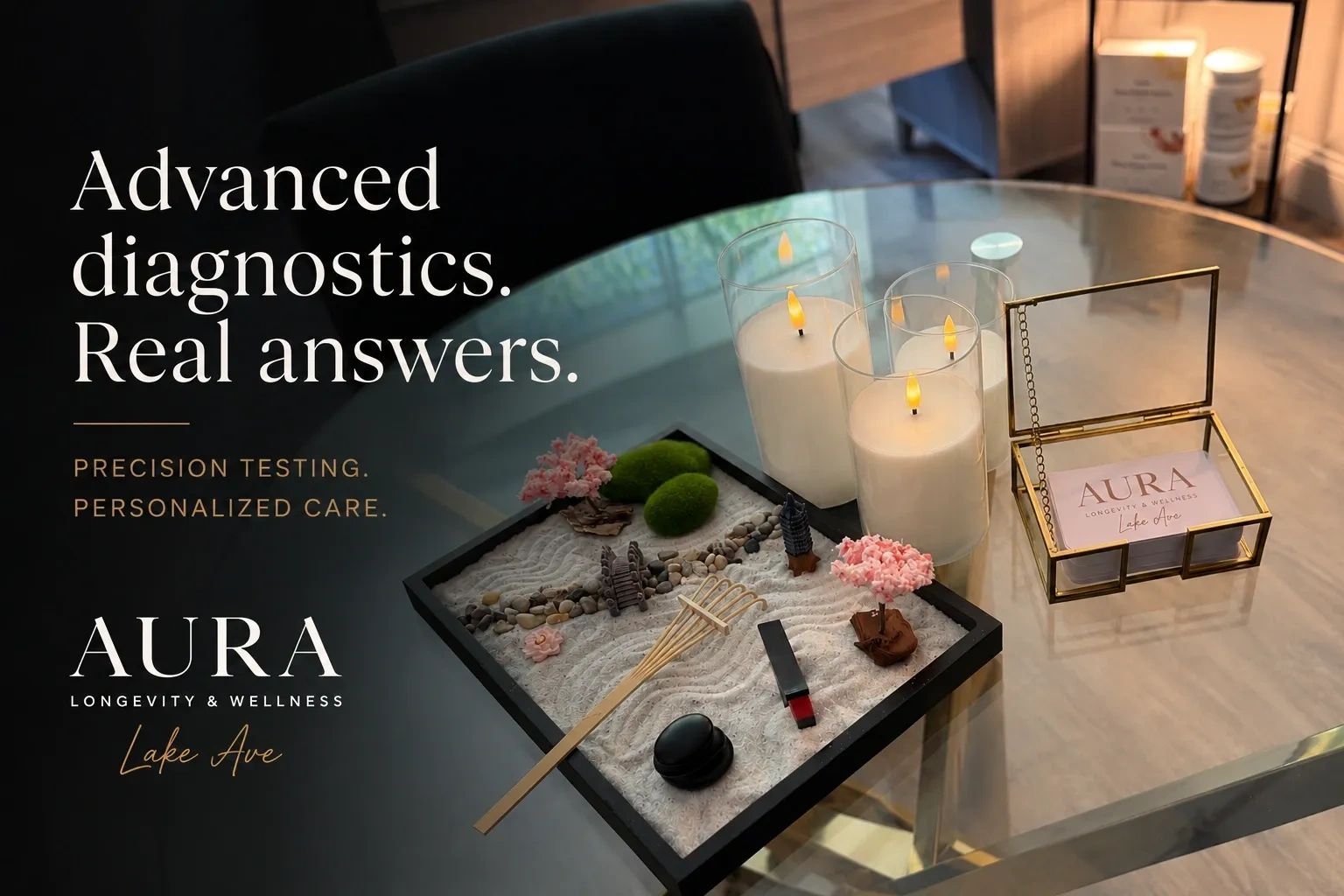 Zen garden and candles on a glass table with wellness branding.