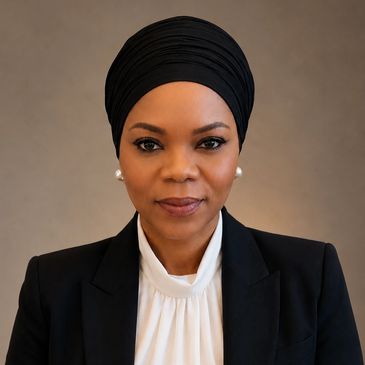 Professional woman wearing a black headwrap and suit.